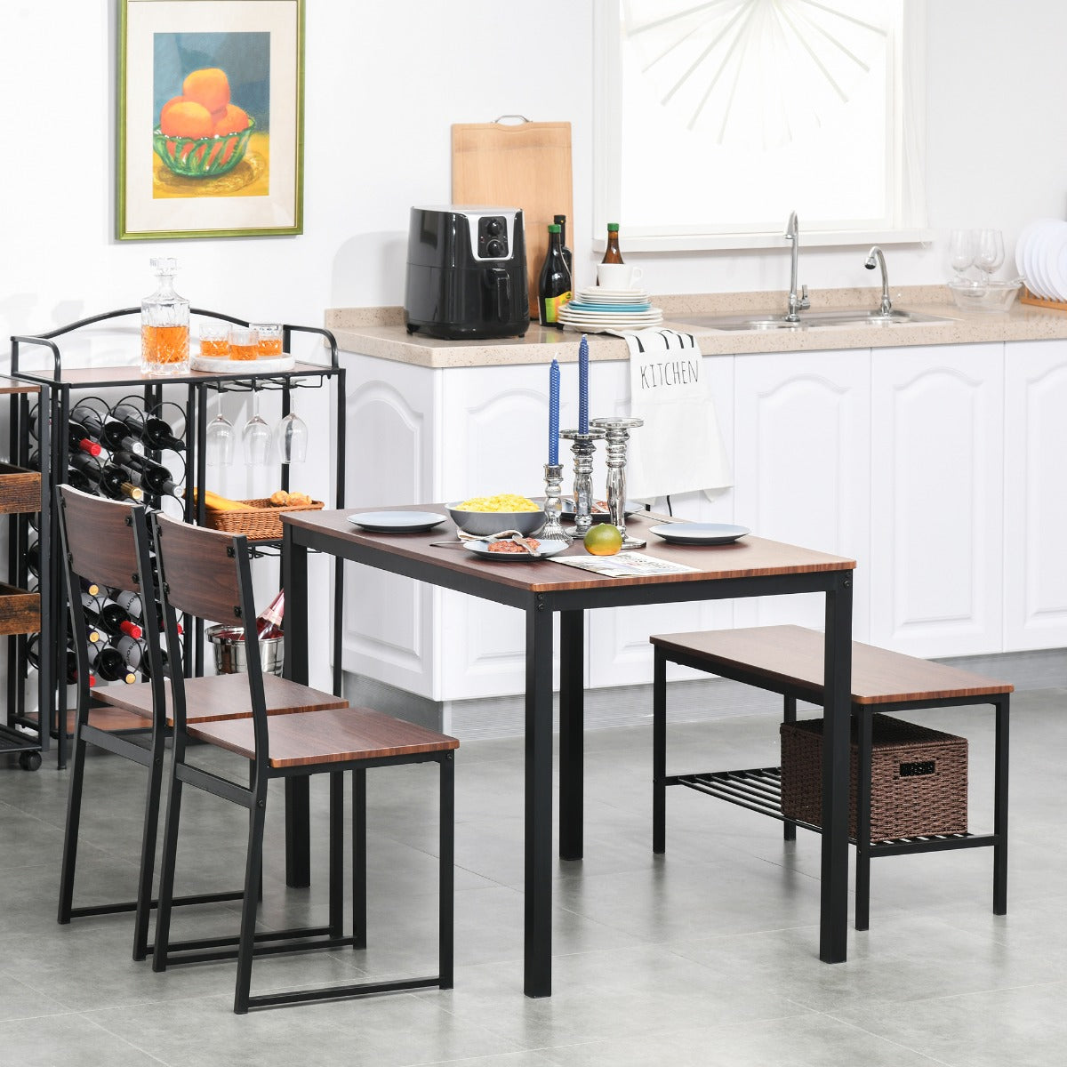 Industrial 4 Piece Dining Room Table Set with Bench Kitchen Table and Chairs w/ Storage Rack for Kitchen